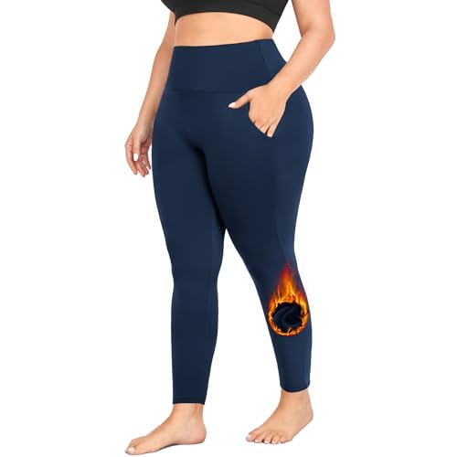 MOREFEEL Übergröße Leggings Fleece gefüttert mit Taschen für Damen XL-4XL Thermo Winter Bauchkontrolle Workout Yoga Hose, 03 Fleece Marineblau, 4X-Groß von MOREFEEL