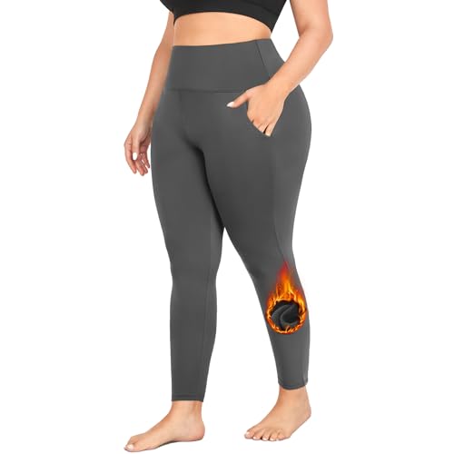 MOREFEEL Übergröße Leggings Fleece gefüttert mit Taschen für Damen XL-4XL Thermo Winter Bauchkontrolle Workout Yoga Hose, 05 Fleece dunkelgrau, 3X-Groß von MOREFEEL