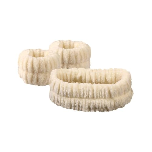 2 Paar Plüsch-Haarbänder aus Korallen-Fleece, wasserdichte Bänder, Gesichtswäsche, saugfähiges Armband, Kopfbedeckung, Haar-Zubehör (Reisgelb) von MORENTSU