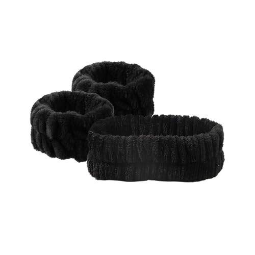 2 Paar Plüsch-Haarbänder aus Korallen-Fleece, wasserdichte Bänder, Gesichtswäsche, saugfähiges Armband, Kopfbedeckung, Haar-Zubehör (schwarz) von MORENTSU
