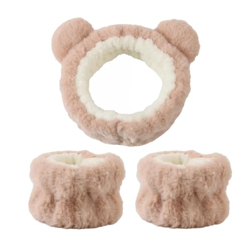 2 Sets Cartoon-Bär-Ohr-Plüsch-Armband, Haarband-Set, Damen, Gesicht waschen und Make-up Armband (braun) von MORENTSU