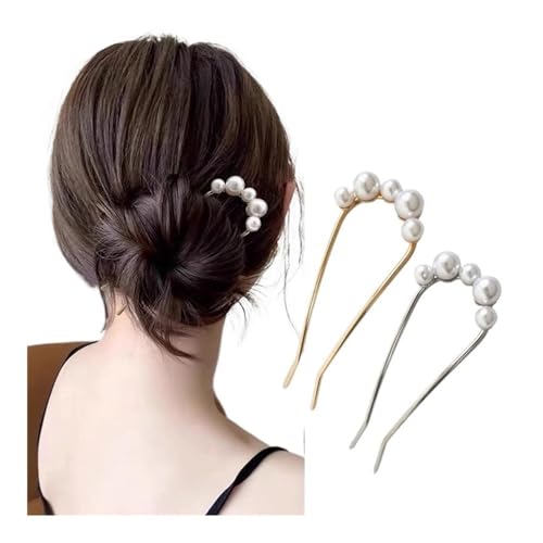 2 Stück Koreanische U-förmige Perle Haarnadeln für Frauen Elegante Haarnadeln Metall Vintage Perle Haarnadeln Haar Styling Tools Geschenke (A-Gold-Silber) von MORENTSU