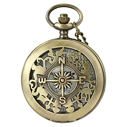 MORFONG Vintage Taschenuhr Quarz Taschenuhr mit Halskette Hohl Kompass Römische Zahlen Taschenuhr Uhr für Männer Frauen Vater Opa Geburtstag Jahrestag von MORFONG