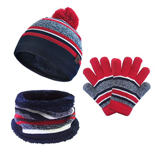 MORIASTER Kinder Wintermütze Schal Handschuhe Set, Baby Kleinkind Strick Beanie Neck Warmer Gamaschenhandschuhe 3PC, Pom Stripe Caps für Jungen Mädchen Kinder… (rot) von MORIASTER