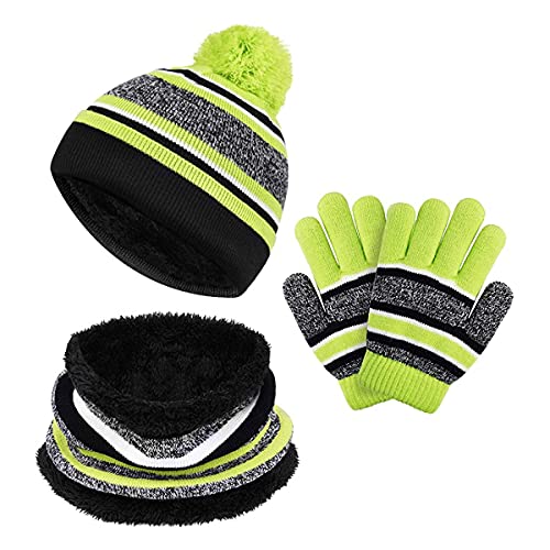 MORIASTER Kinder Wintermütze Schal Handschuhe Set, Baby Kleinkind Strick Beanie Neck Warmer Gamaschenhandschuhe 3PC, Pom Stripe Caps für Jungen Mädchen Kinder… (Grün) von MORIASTER