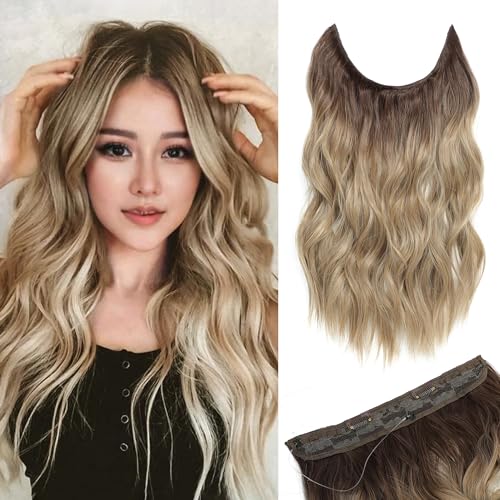 One piece Invisible Wire Hair Extensions Clip in Natural Wavy Synthetic Hair Extension with Transparent Wire Adjustable Size 2 Secure Clips Headband Long Curly Secret Hair Pieces for Women von MORICHY