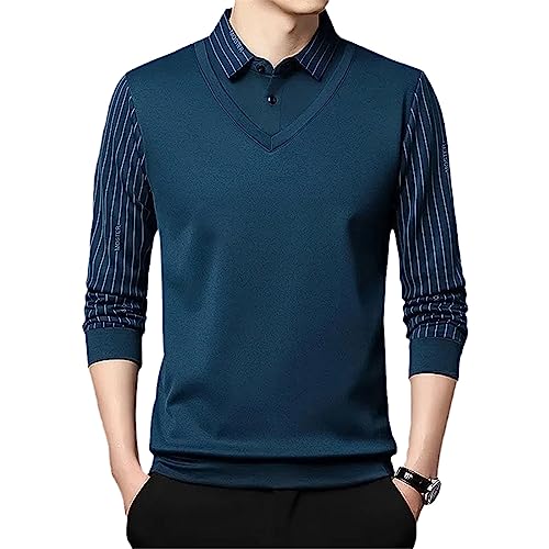 Herren T-Shirt Umlegekragen Frühling Herbst Langarm Knopf Tops Blue L von MORISTE