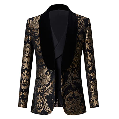 MORISTE Gold Floral Jacquard Smoking Anzugjacke Herren Schalkragen One Button Kleid Blazer Herren Hochzeit Dinner Party Kostüm Black XL von MORISTE