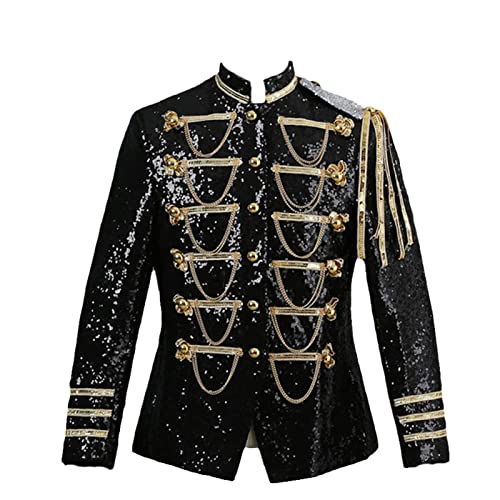 MORISTE Herren Schwarz Pailletten Steampunk Blazer Jacke Stehkragen Quaste Design Blazer Herren Nachtclub Party Prom Roll Kostüme as Show 2 Black XL von MORISTE