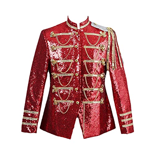 MORISTE Herren Schwarz Pailletten Steampunk Blazer Jacke Stehkragen Quaste Design Blazer Herren Nachtclub Party Prom Roll Kostüme as Show 2 Red XL von MORISTE