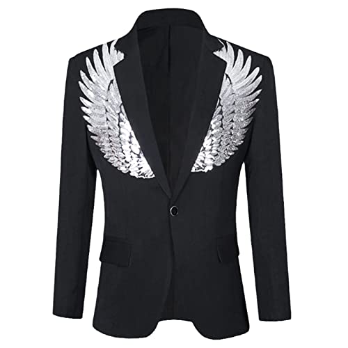 MORISTE Mens One Button Patchwork Pailletten Glitter Anzugjacke Nachtclub Dj Prom Blazer Männliche Hochzeit Bräutigam Bühnenkostüme Silver Wing Black XS von MORISTE