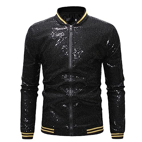 MORISTE Schwarze Pailletten-Uni-Jacken für Herren, Mäntel, Shinny-Glitzer, Nachtclub, Disco, DJ, Abschlussballjacke, Bomberjacke für Männer Black L von MORISTE