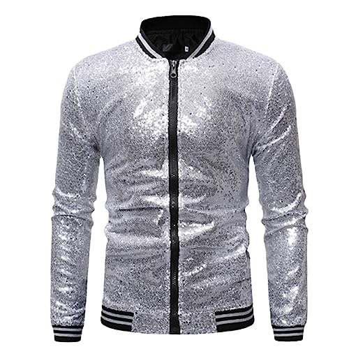 MORISTE Schwarze Pailletten-Uni-Jacken für Herren, Mäntel, Shinny-Glitzer, Nachtclub, Disco, DJ, Abschlussballjacke, Bomberjacke für Männer Sliver L von MORISTE