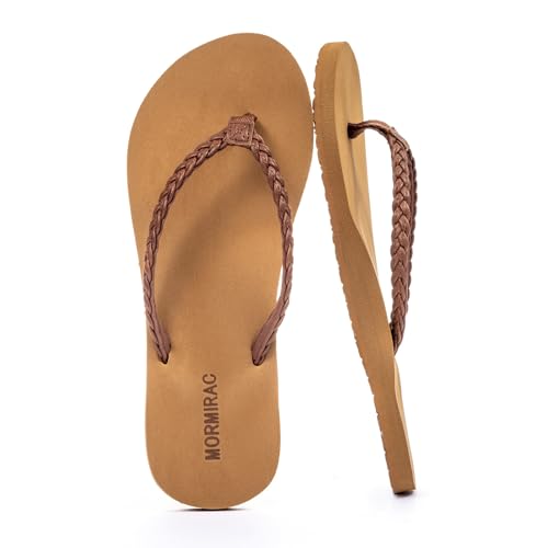 MORMIRAC Damen-Flip-Flops, schmal, Leder, bequem, Sommer, Strand, Zehensandalen, Fußgewölbeunterstützung, rutschfest, Braun geflochten, 37.5 EU von MORMIRAC