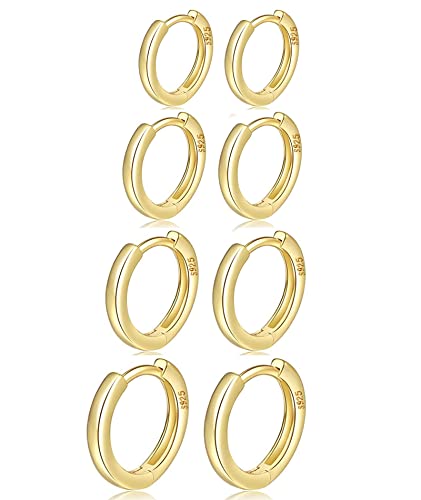 MOROTOLE 4 Paar kleine Creolen für Damen 925 Silber Post Huggie Set 18 Karat Gold/Silber Creolen Schläfer Ohrringe für Mädchen Mehrere Piercings Kleine Kugelohrstecker von MOROTOLE