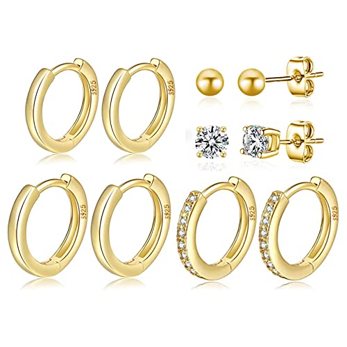 4 Paar kleine Creolen für Damen 925 Silber Post Huggie Creolen Set 18 Karat Gold/Silber Creolen Schläfer Ohrringe für Mädchen Mehrere Piercings Kleine Kugelohrstecker von MOROTOLE