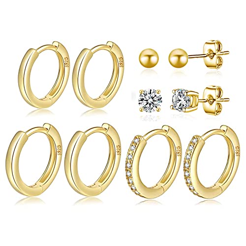 MOROTOLE 4 Paar kleine Creolen für Damen 925 Silber Post Huggie Set 18 Karat Gold/Silber Creolen Schläfer Ohrringe für Mädchen Mehrere Piercings Kleine Kugelohrstecker von MOROTOLE