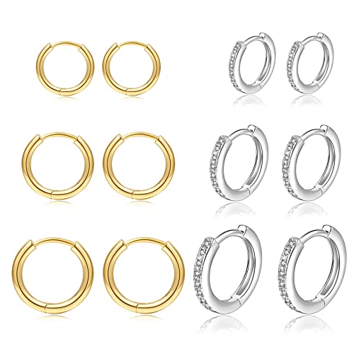3 Paar Creolen 14 Karat vergoldet Huggie 925 Sterling Silber Kleine Creolen Set Winzige Zirkonia Knorpelohrringe für Damen von MOROTOLE