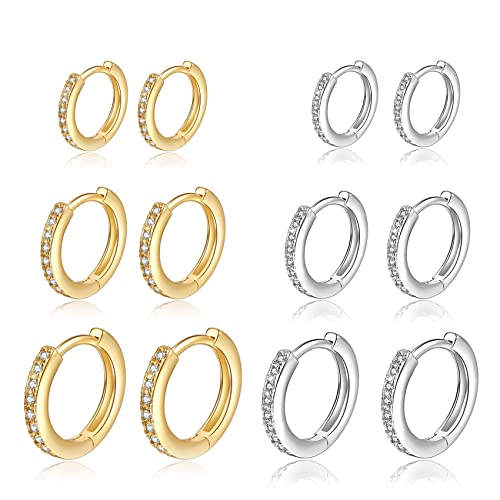 6 Paar Creolen 14 Karat vergoldet Huggie Creolen 925 Sterling Silber Kleine Creolen Set Winzige Zirkonia Knorpelohrringe für Damen von MOROTOLE