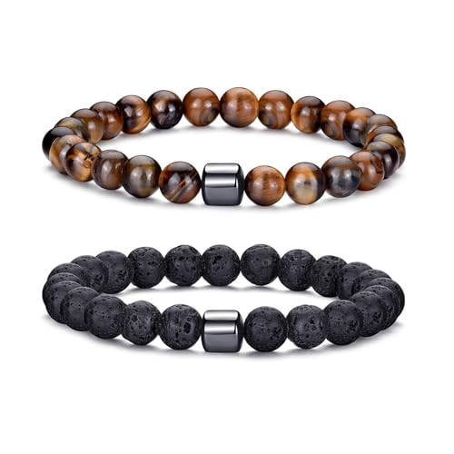 MOROTOLE Armband Herren, 8 mm Tigerauge Lavastein Armbänder für Herren Set Naturstein Perlenarmband Männer Schmuck Geschenke von MOROTOLE