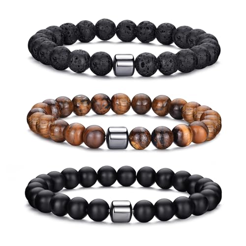 MOROTOLE Armband Herren, 8 mm Tigerauge Lavastein Armbänder für Herren Set Naturstein Perlenarmband Männer Schmuck Geschenke von MOROTOLE