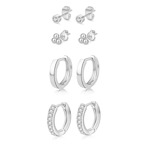 MOROTOLE Ohrringe Silber 925, 4 Paaren Creolen Silber 925 Hypoallergen Silber Ohrringe Damen und Ohrstecker Silber 925 Set Ohrringe Silber 925 Creolen Cubic Zirkonia Ohrstecker Set Silber Ohrringe von MOROTOLE