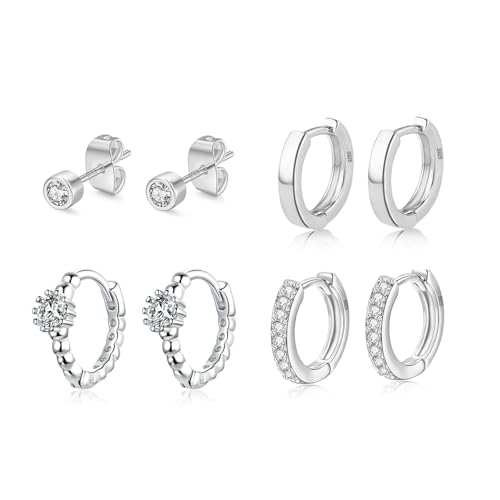 MOROTOLE Ohrringe Silber 925, 4 Paaren Creolen Silber 925 Hypoallergen Silber Ohrringe Damen und Ohrstecker Silber 925 Set Ohrringe Silber 925 Creolen Cubic Zirkonia Ohrstecker Set Silber Ohrringe von MOROTOLE