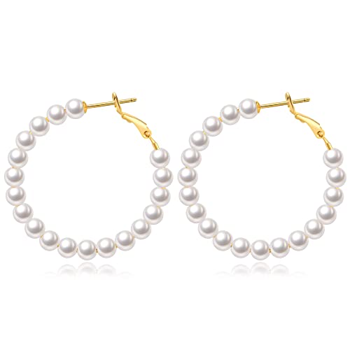 Perle Creolen für Damen Kleine Perle Creolen Hypoallergen Tropfen Ohrringe, 14K vergoldet Leichte Offene Große Kreis Runde Perlen Ohrringe Schmuck Geburtstagsgeschenk für Frauen von MOROTOLE