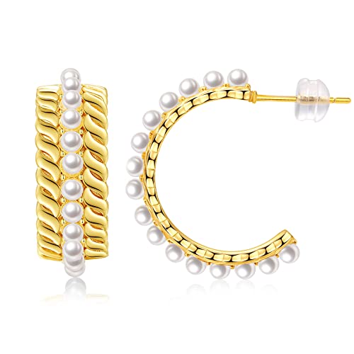 Perle Creolen für Damen Kleine Perle Creolen Hypoallergen Tropfen Ohrringe, 14K vergoldet Leichte Offene Große Kreis Runde Perlen Ohrringe Schmuck Geburtstagsgeschenk für Frauen von MOROTOLE