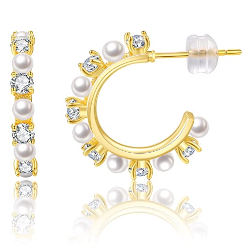 Perle Creolen für Damen Kleine Perle Creolen Hypoallergen Tropfen Ohrringe, 14K vergoldet Leichte Offene Große Kreis Runde Perlen Ohrringe Schmuck Geburtstagsgeschenk für Frauen von MOROTOLE