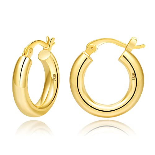 Sterling Silber Hoop Ohrringe 14K Gold plattiert Hoop Ohrringe für Damen dicke klobige Reifen Ohrringe leichte hypoallergene Reifen-Ohrring für Damen, 4mm Rohr von MOROTOLE