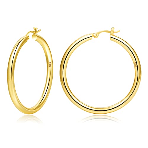 Sterling Silber Hoop Ohrringe 14K Gold plattiert Hoop Ohrringe für Damen dicke klobige Reifen Ohrringe leichte hypoallergene Reifen-Ohrring für Damen, 4mm Rohr von MOROTOLE