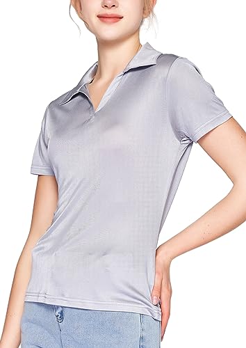 MOROUTLINE Damen-Polo-Shirts, Kragen, V-Ausschnitt, Golf-T-Shirt, kurzärmelig, Business-Casual-Tunika-Blusen, Silbergrau, Klein MOROUTLINE Damen-Polo-Shirts, Kragen, V-Ausschnitt, Golf-T-Shirt, kurzärmelig, Business-Casual-Tunika-Blusen, Silbergrau, Klein von MOROUTLINE