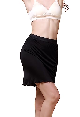 MOROUTLINE Seide Halb Slips für Unter Kleider Kurze Maulbeerseide Rock Slip Frauen Spitze Trim Nahtlose Seide Unterrock, Schwarz, L von MOROUTLINE