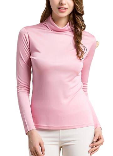 MOROUTLINE Silk Tops Rollkragen Langarm Seide Pullover Tops Ultra Soft Thermal Layer Tops Slim High Neck T Shirt, Pink, Mittel von MOROUTLINE