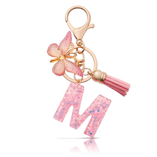 MORSUNBELA M Schlüsselanhänger Mädchen Buchstabe Schlüsselanhänger mit Anfangsbuchstabe Schmetterling Keychain für Damen Frau von MORSUNBELA