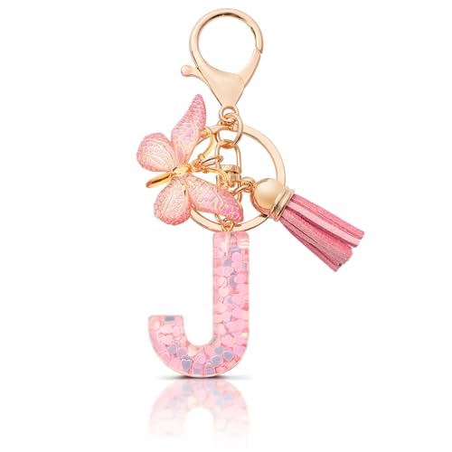 MORSUNBELA Schlüsselanhänger Mädchen Buchstabe J Schlüsselanhänger mit Anfangsbuchstabe Schlüssel Anhänger Frauen Schmetterlinge Keychain für Damen von MORSUNBELA