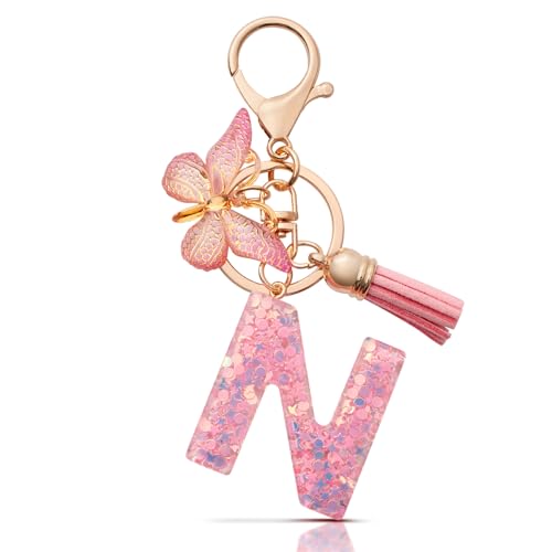 MORSUNBELA Schlüsselanhänger Mädchen Buchstabe N Schlüsselanhänger mit Anfangsbuchstabe Schmetterling Keychain für Damen Frau von MORSUNBELA