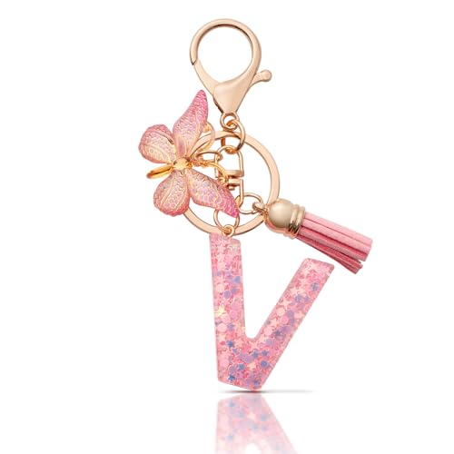 MORSUNBELA Schlüsselanhänger Mädchen Buchstabe Schlüsselanhänger mit Anfangsbuchstabe V Schmetterling Keychain für Damen Frau von MORSUNBELA