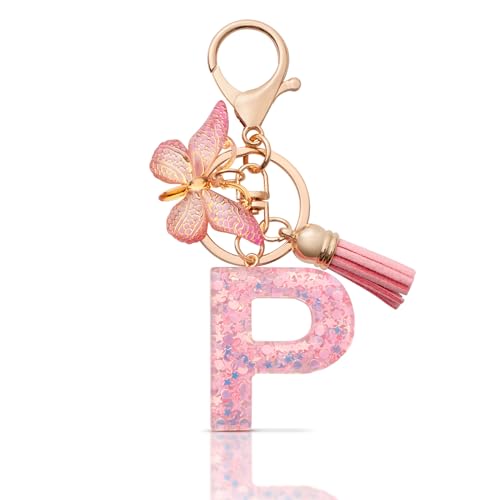 MORSUNBELA Schlüsselanhänger Mädchen Buchstabe Schlüsselanhänger mit P Anfangsbuchstabe Schmetterling Keychain für Damen Frau von MORSUNBELA