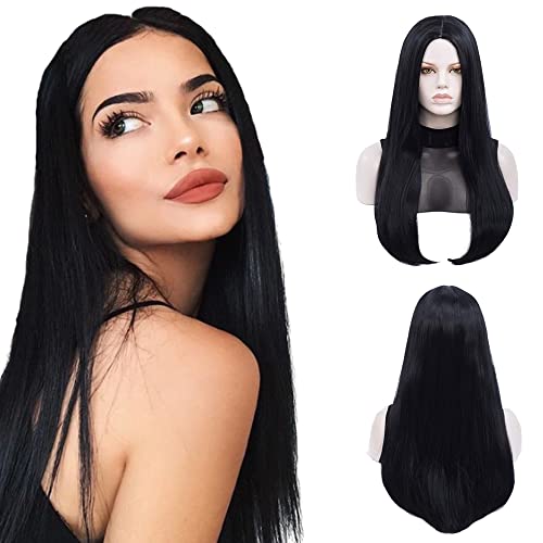 Morticia Damen 27" Lange Gerade Mittelscheide Halloween Kostüm Cosplay und Tägliche Perücke (Schwarz) von MORTICIA