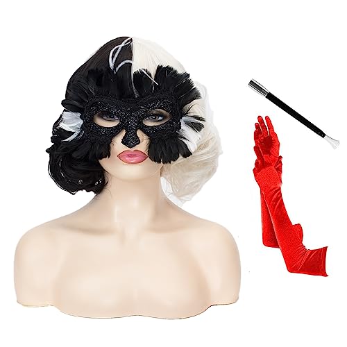 Morticia Kurze Schwarz-Weiß Perücke Wellige Halb Schwarz und Halb Weiß Hitzebeständige Frauen Perücke (Schwarz und Weiß) von MORTICIA