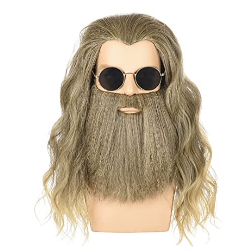 Morticia Männer Lange Lockige Golden Brown Schnurrbart Perücke Halloween Cosplay Perücke Anime Kostüm Party Perücke Perücke+Bart von MORTICIA