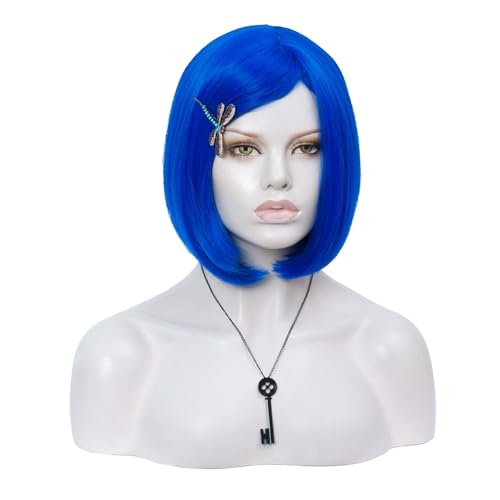 Morticia Short Straight Blue Frauen Bob Full Bang Kinder Perücke mit Gold Dragonfly Haarnadel (Erwachsene 2) von MORTICIA