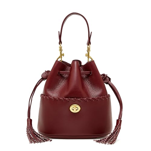 MOSAMHUA Echt Leder Damen Eimer-Tasche | Quaste-Zugseil Einzigartiges Design | Premium Wandelbare Schulter- & Crossbody-Handtasche | Luxuriöse Handgefertigte Tasche für Alltag von MOSAMHUA