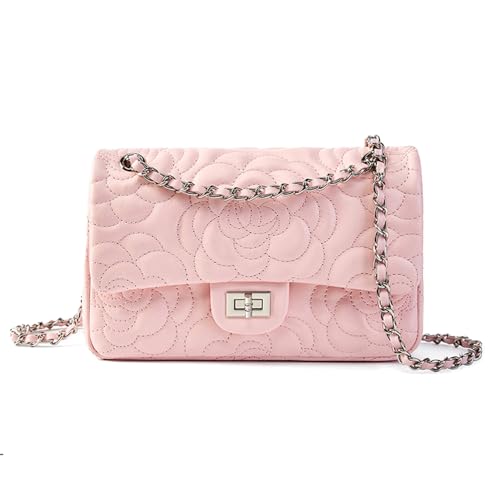 MOSAMHUA Kamelie Blumenmuster Kopf Lamm Leder Gitter Kette Damen Schulter Handtasche von MOSAMHUA