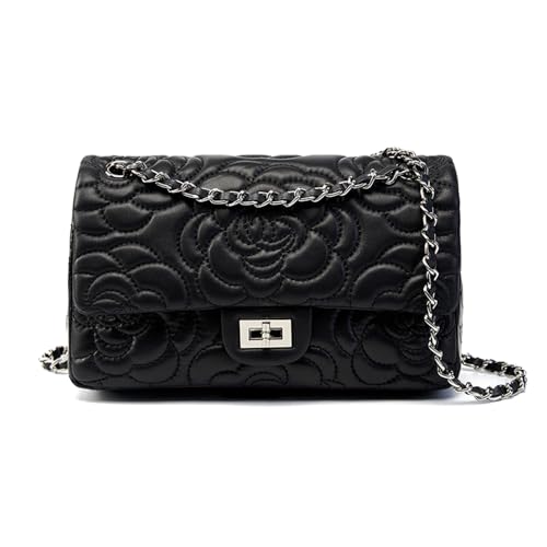 MOSAMHUA Kamelie Blumenmuster Kopf Lamm Leder Gitter Kette Damen Schulter Handtasche von MOSAMHUA