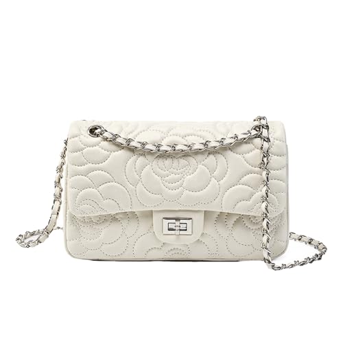 MOSAMHUA Kamelie Blumenmuster Kopf Lamm Leder Gitter Kette Damen Schulter Handtasche von MOSAMHUA
