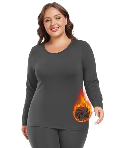 MOSCOAL Damen Langarm Thermounterwäsche U-Ausschnitt Unterhemden Fleece Gefüttert Shirts Übergröße, grau dunkel, 52 Plus von MOSCOAL