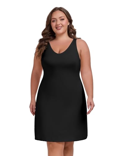 MOSCOAL Damen-Nachthemd, Übergröße, voller Slip für Unterkleider, V-Ausschnitt, Cami-Kleid, langes Nachthemd, Schwarz, 56 Große Größen von MOSCOAL